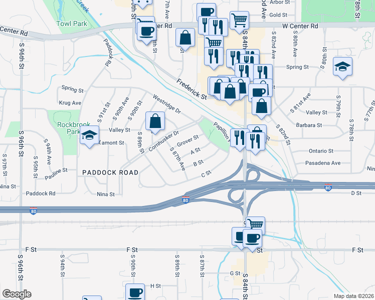 map of restaurants, bars, coffee shops, grocery stores, and more near 8706 A Street in Omaha