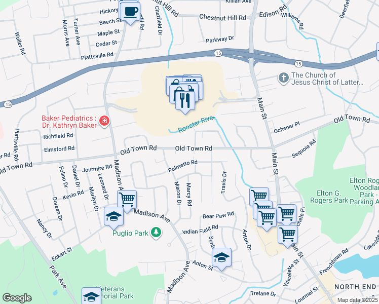 map of restaurants, bars, coffee shops, grocery stores, and more near 3015 Old Town Road in Bridgeport