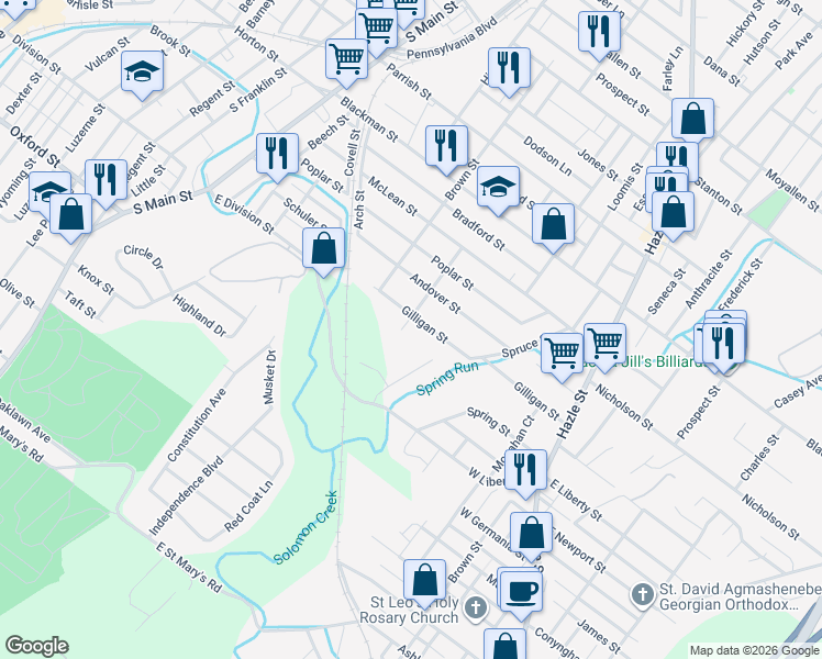 map of restaurants, bars, coffee shops, grocery stores, and more near 121 Gilligan Street in Wilkes-Barre