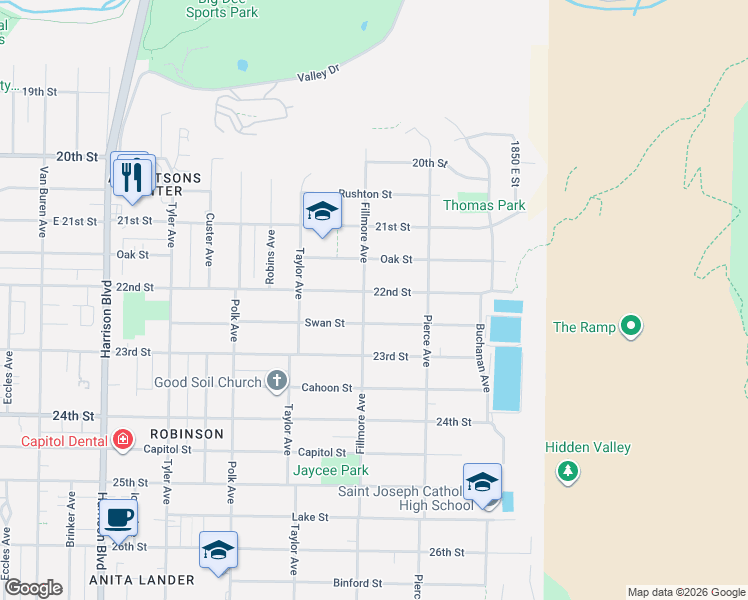 map of restaurants, bars, coffee shops, grocery stores, and more near 1611 East 22nd Street in Ogden