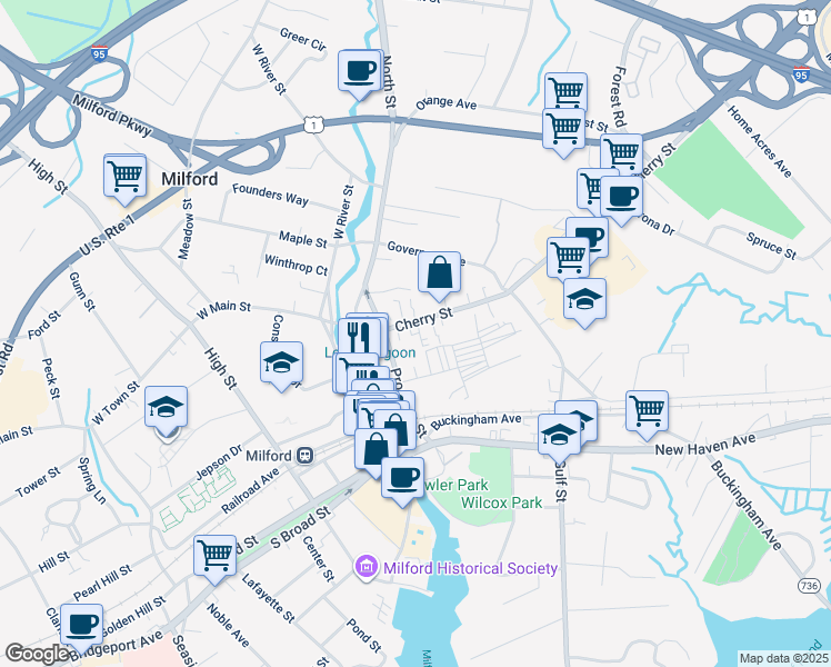 map of restaurants, bars, coffee shops, grocery stores, and more near 85 Prospect Street in Milford