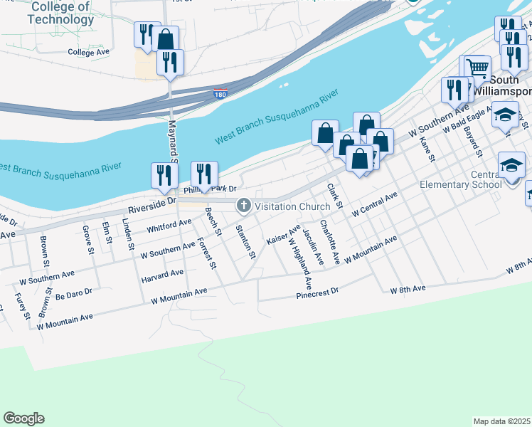 map of restaurants, bars, coffee shops, grocery stores, and more near 323 Meadow Street in South Williamsport