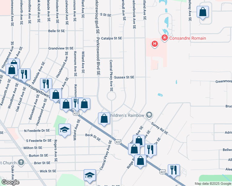 map of restaurants, bars, coffee shops, grocery stores, and more near 1141 Central Parkway Avenue Southeast in Warren