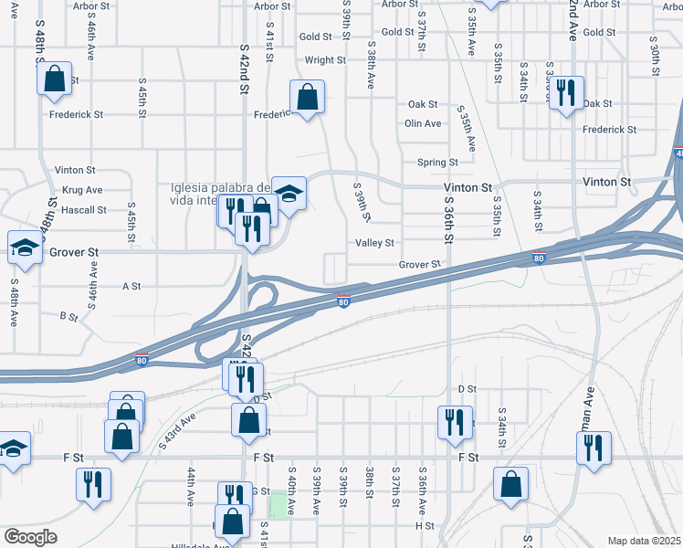 map of restaurants, bars, coffee shops, grocery stores, and more near 3570 South 40th Street in Omaha