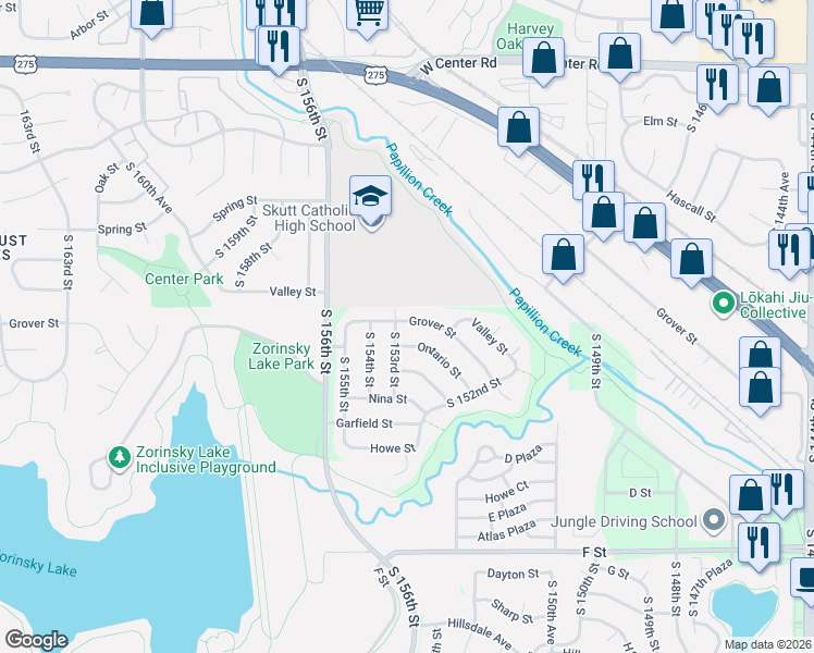 map of restaurants, bars, coffee shops, grocery stores, and more near 15275 Grover Street in Omaha