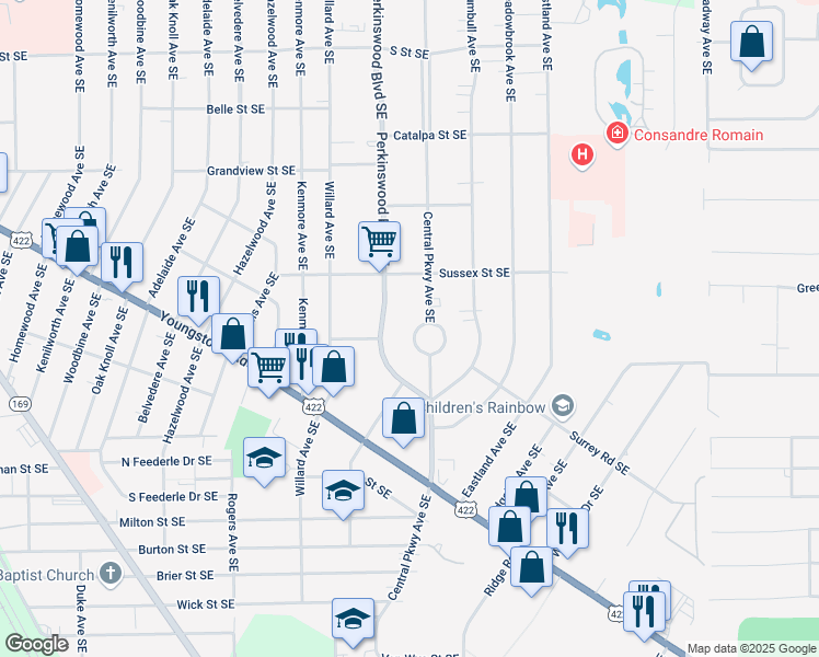 map of restaurants, bars, coffee shops, grocery stores, and more near 1134 Central Parkway Avenue Southeast in Warren