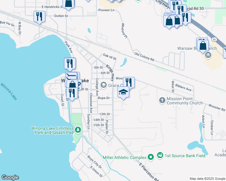 map of restaurants, bars, coffee shops, grocery stores, and more near 100 Seminary Drive in Winona Lake