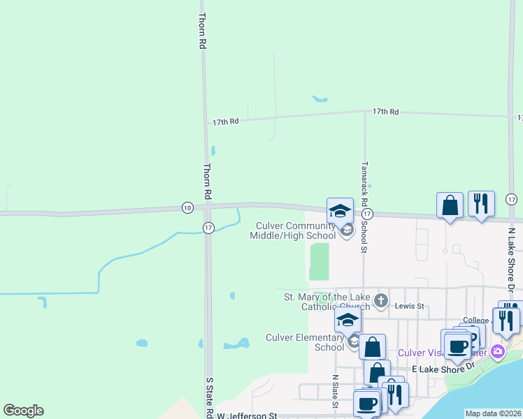 map of restaurants, bars, coffee shops, grocery stores, and more near 17390 South State Road 17 in Culver