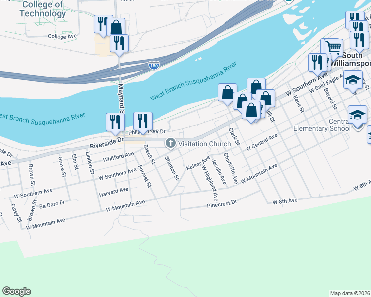 map of restaurants, bars, coffee shops, grocery stores, and more near 323 Meadow Street in South Williamsport