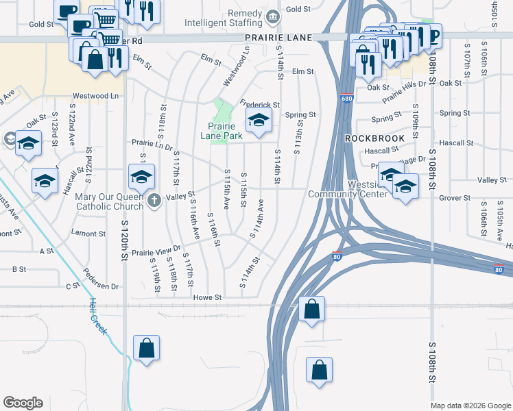 map of restaurants, bars, coffee shops, grocery stores, and more near 3370 South 114th Avenue in Omaha