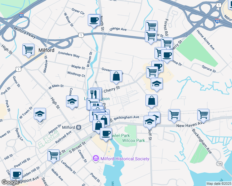 map of restaurants, bars, coffee shops, grocery stores, and more near 41-43 Cherry Street in Milford