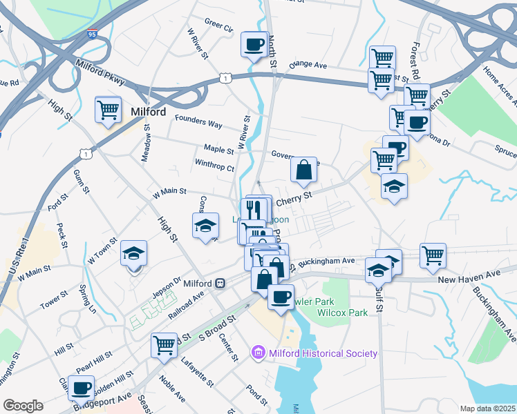 map of restaurants, bars, coffee shops, grocery stores, and more near 15 West Main Street in Milford
