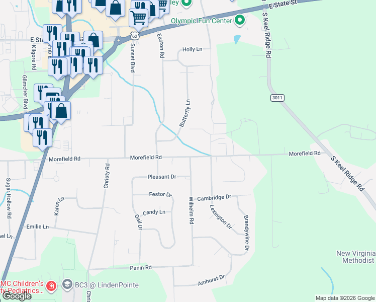 map of restaurants, bars, coffee shops, grocery stores, and more near 3850 Morefield Road in Hermitage