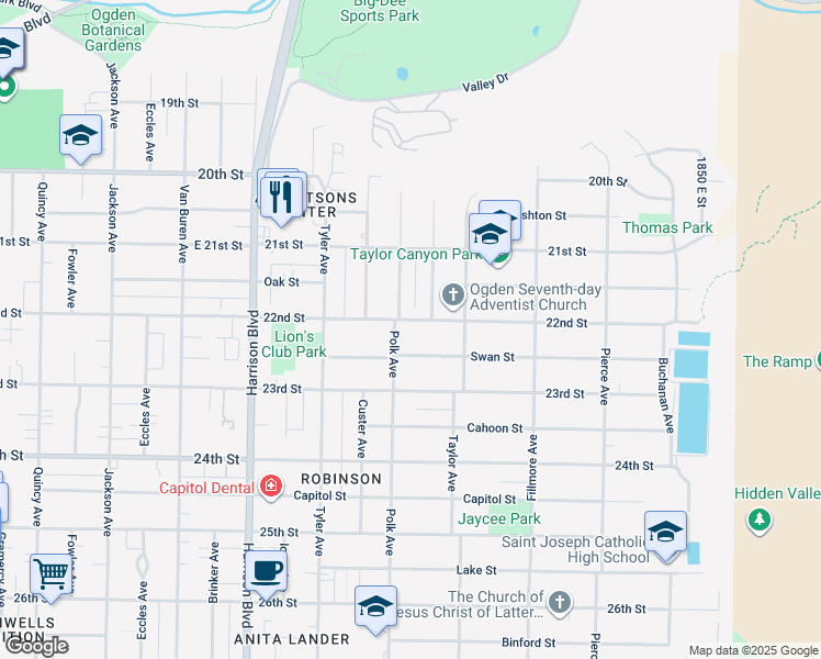 map of restaurants, bars, coffee shops, grocery stores, and more near 1417 East 22nd Street in Ogden
