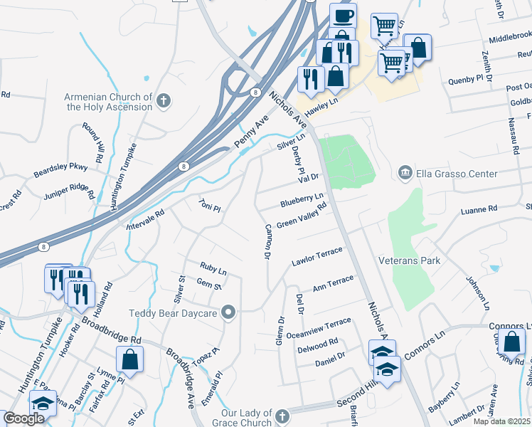 map of restaurants, bars, coffee shops, grocery stores, and more near 215 Blueberry Lane in Stratford