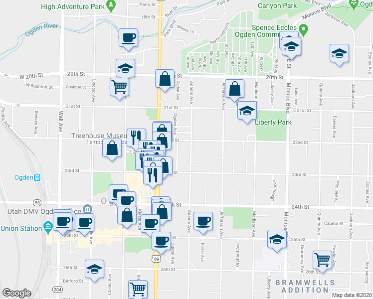 map of restaurants, bars, coffee shops, grocery stores, and more near 2240 Adams Avenue in Ogden