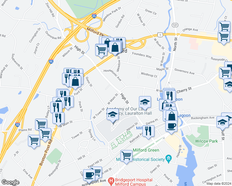 map of restaurants, bars, coffee shops, grocery stores, and more near 174 West Main Street in Milford