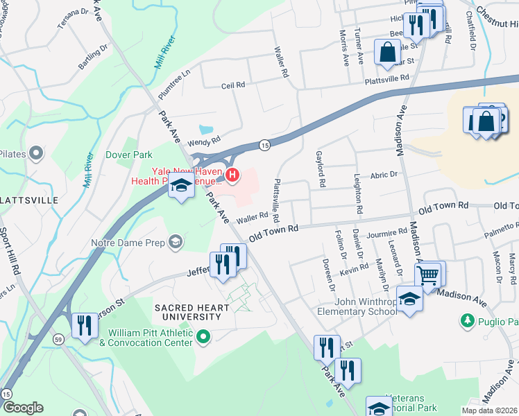 map of restaurants, bars, coffee shops, grocery stores, and more near 74 Waller Road in Bridgeport