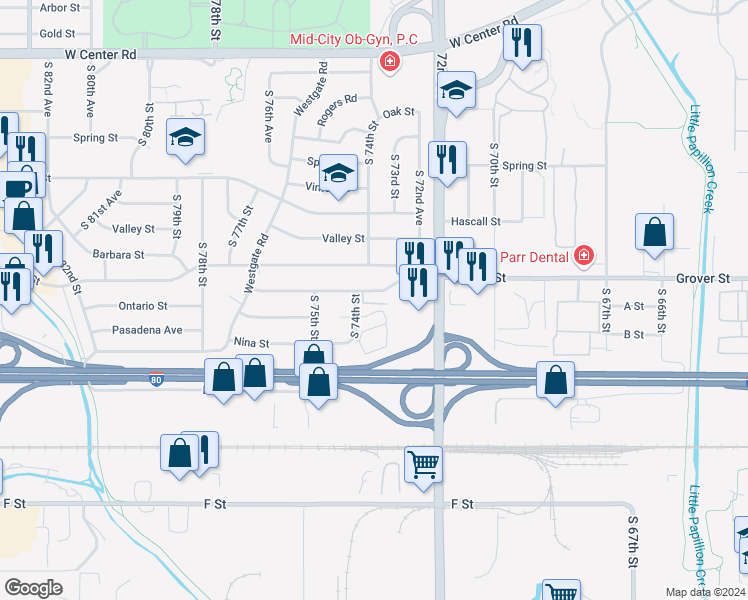map of restaurants, bars, coffee shops, grocery stores, and more near 3703 South 74th Street in Omaha