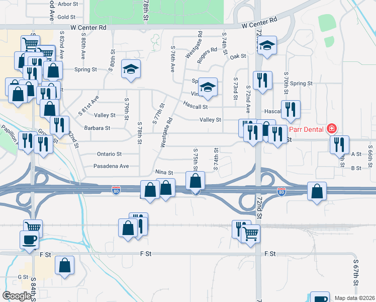 map of restaurants, bars, coffee shops, grocery stores, and more near 7606 Pasadena Avenue in Omaha