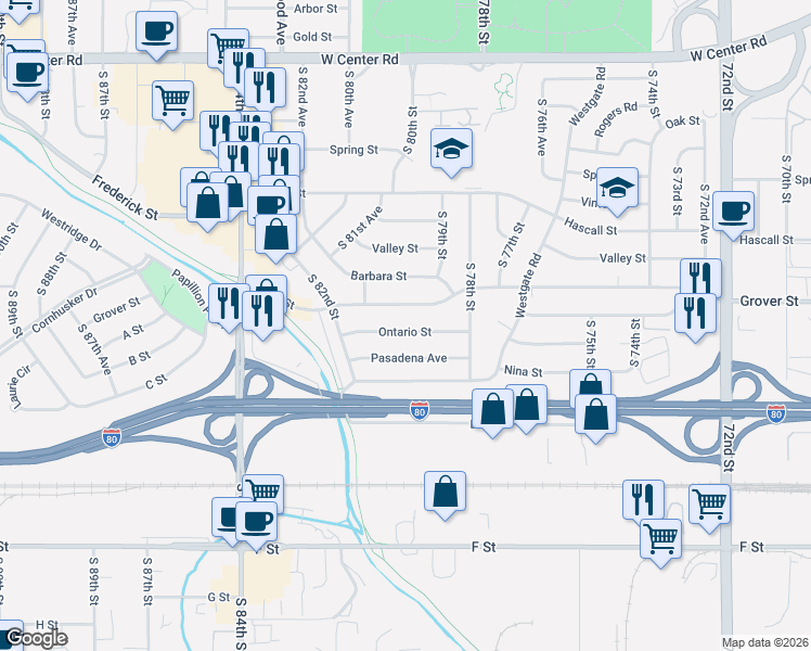 map of restaurants, bars, coffee shops, grocery stores, and more near 7907 Ontario Street in Omaha
