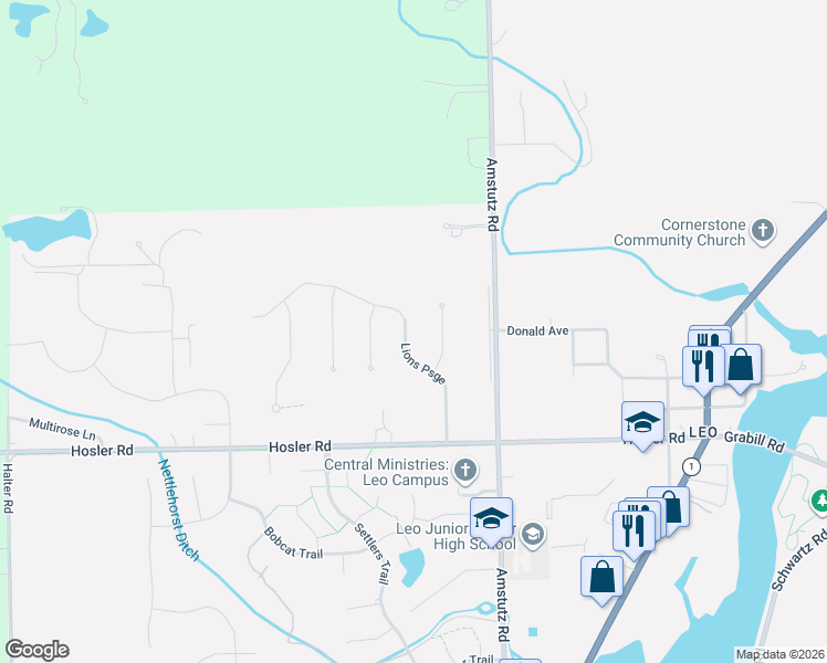 map of restaurants, bars, coffee shops, grocery stores, and more near 15303 Lions Psge in Leo