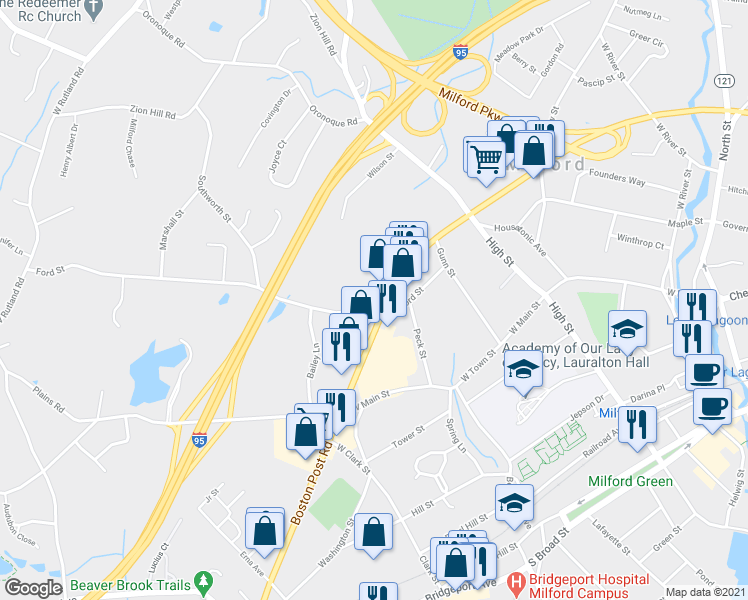 map of restaurants, bars, coffee shops, grocery stores, and more near 388 Boston Post Road in Milford