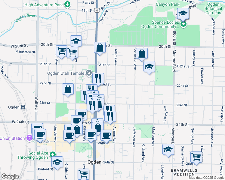 map of restaurants, bars, coffee shops, grocery stores, and more near 2223 Adams Avenue in Ogden