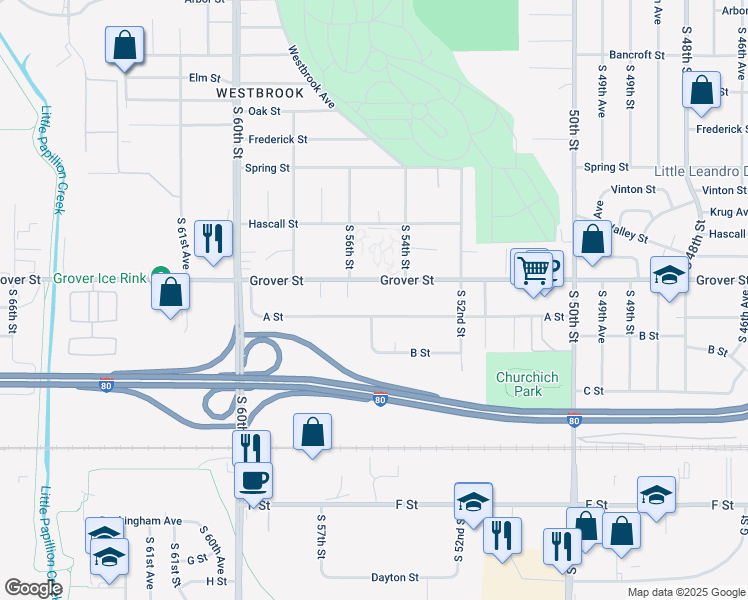 map of restaurants, bars, coffee shops, grocery stores, and more near 5505 Grover Street in Omaha