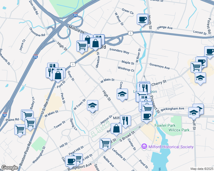 map of restaurants, bars, coffee shops, grocery stores, and more near 265 High Street in Milford