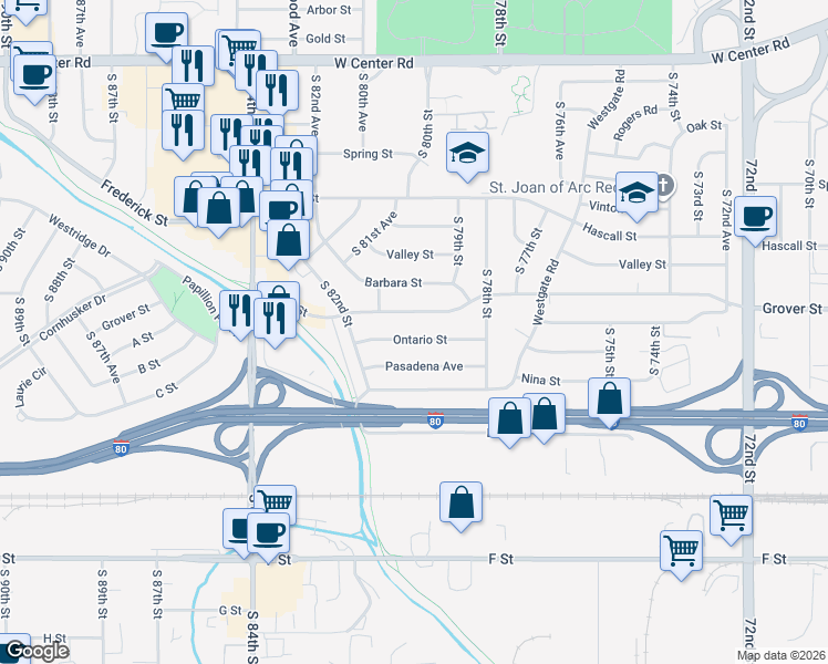 map of restaurants, bars, coffee shops, grocery stores, and more near 8007 Ontario Street in Omaha