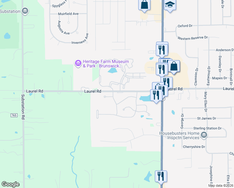 map of restaurants, bars, coffee shops, grocery stores, and more near 1815 Avenbury Lane in Brunswick