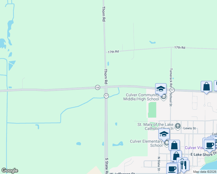 map of restaurants, bars, coffee shops, grocery stores, and more near 19229 Indiana 10 in Culver