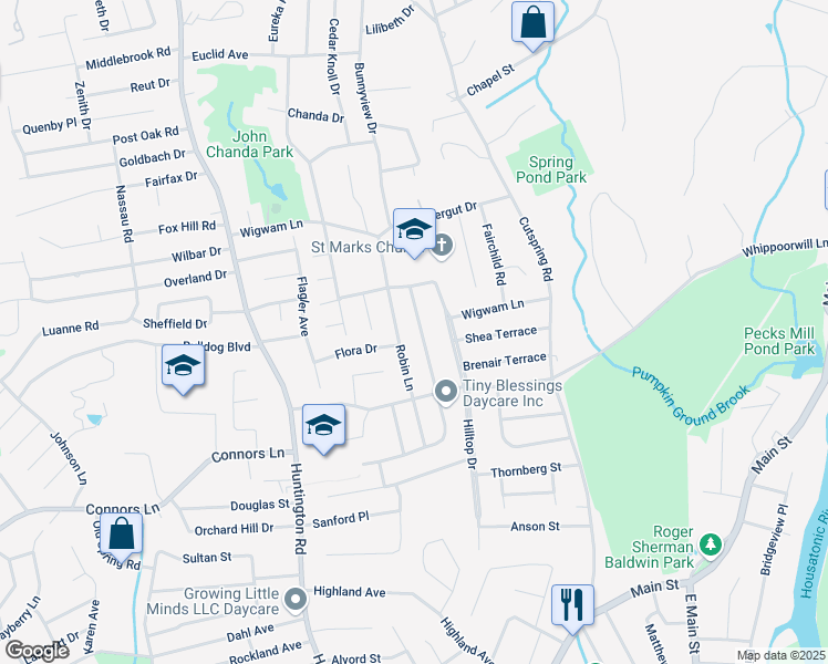 map of restaurants, bars, coffee shops, grocery stores, and more near 735 Chickadee Lane in Stratford