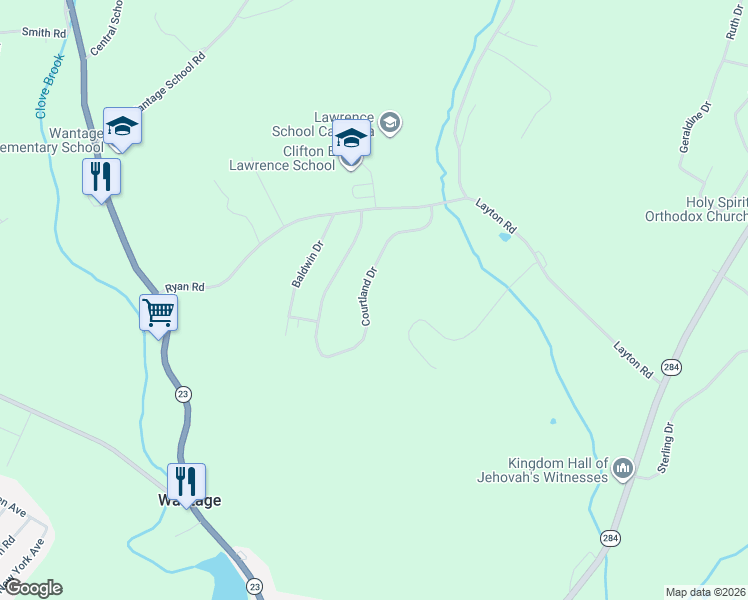 map of restaurants, bars, coffee shops, grocery stores, and more near 33 Courtland Drive in Wantage