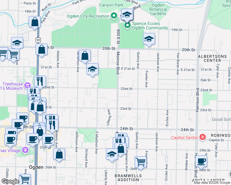 map of restaurants, bars, coffee shops, grocery stores, and more near 2217 Monroe Boulevard in Ogden