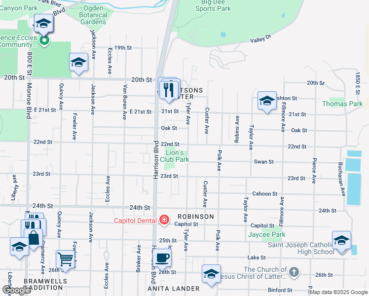 map of restaurants, bars, coffee shops, grocery stores, and more near 2207 Tyler Avenue in Ogden