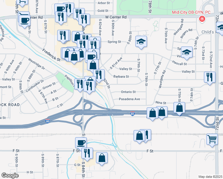 map of restaurants, bars, coffee shops, grocery stores, and more near 3603 South 82nd Street in Omaha