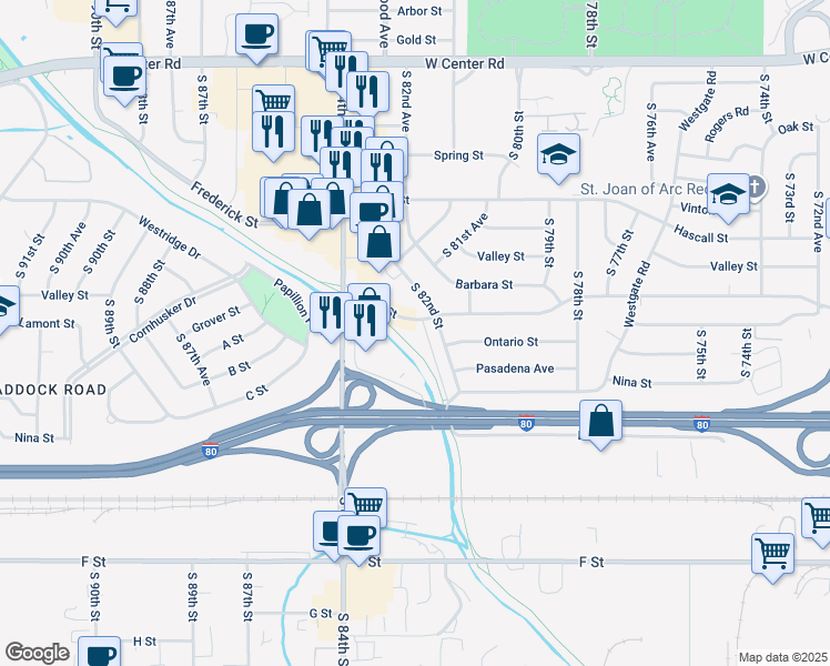 map of restaurants, bars, coffee shops, grocery stores, and more near 8233 Grover Street in Omaha