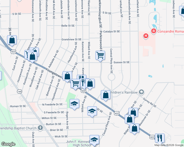 map of restaurants, bars, coffee shops, grocery stores, and more near 1120 Willard Avenue Southeast in Warren