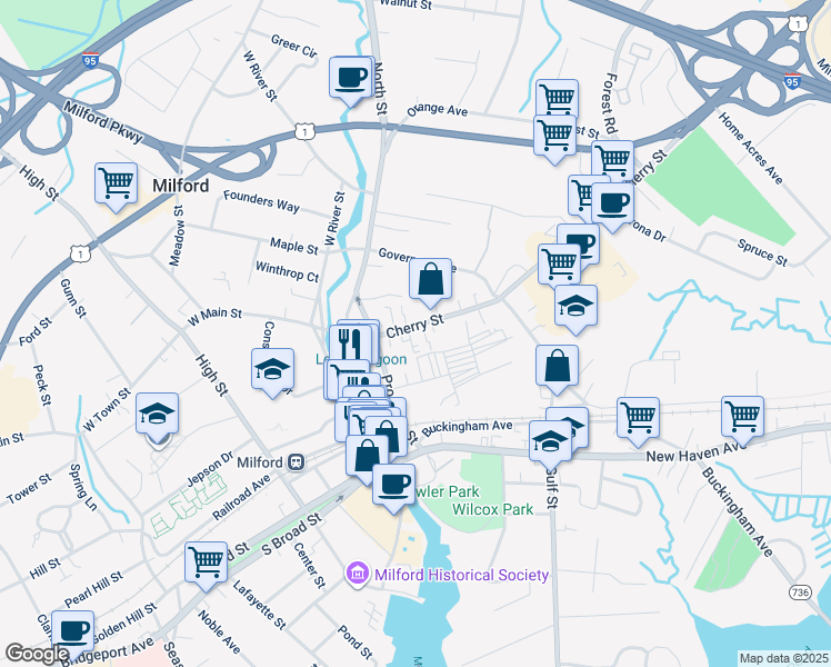 map of restaurants, bars, coffee shops, grocery stores, and more near 31 Cherry Street in Milford