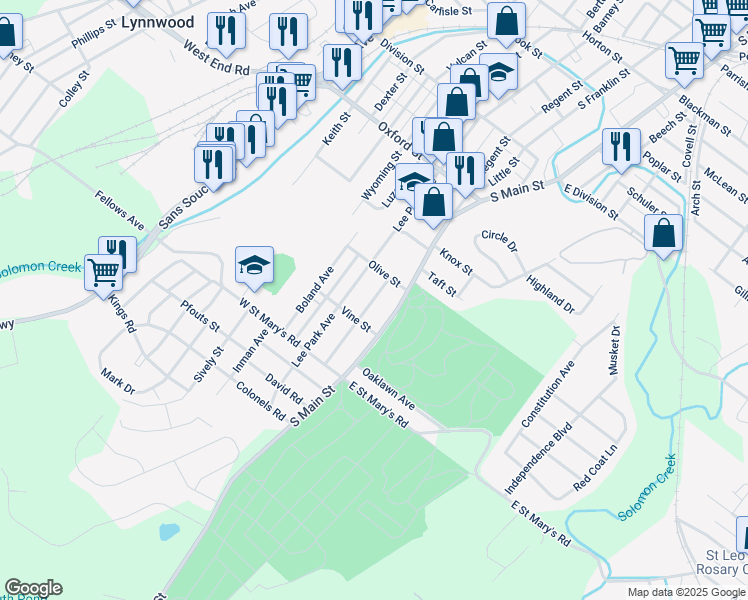 map of restaurants, bars, coffee shops, grocery stores, and more near 39 Graham Avenue in Wilkes-Barre