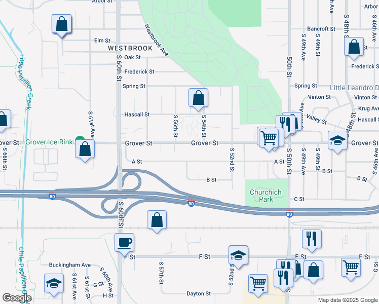 map of restaurants, bars, coffee shops, grocery stores, and more near 5505 Grover Street in Omaha