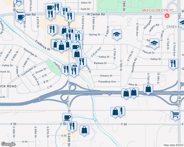 map of restaurants, bars, coffee shops, grocery stores, and more near 3603 South 82nd Street in Omaha