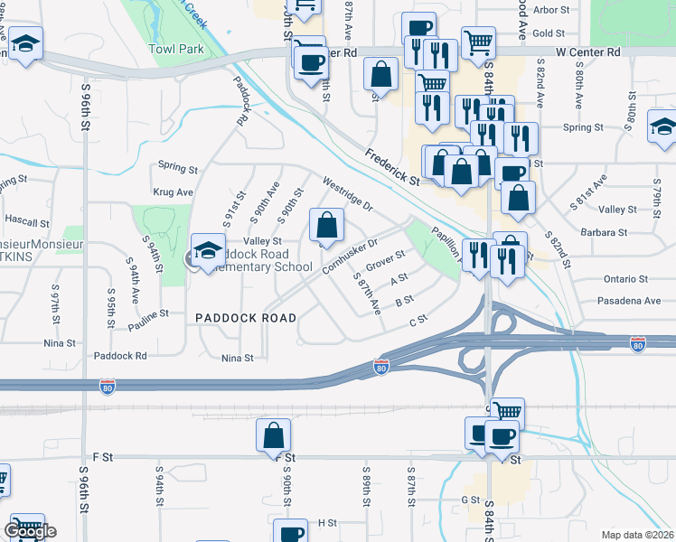 map of restaurants, bars, coffee shops, grocery stores, and more near 3507 Cornhusker Drive in Omaha