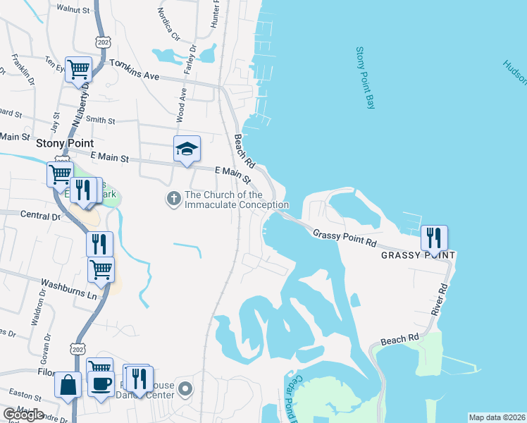 map of restaurants, bars, coffee shops, grocery stores, and more near 56 Irene Lane in Stony Point
