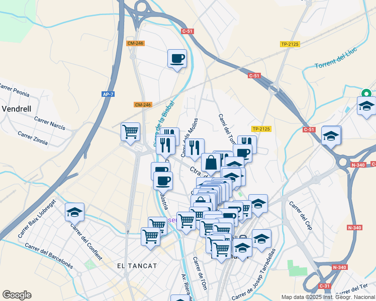 map of restaurants, bars, coffee shops, grocery stores, and more near in El Vendrell