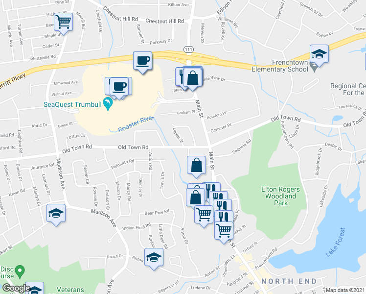 map of restaurants, bars, coffee shops, grocery stores, and more near 2822 Old Town Road in Bridgeport