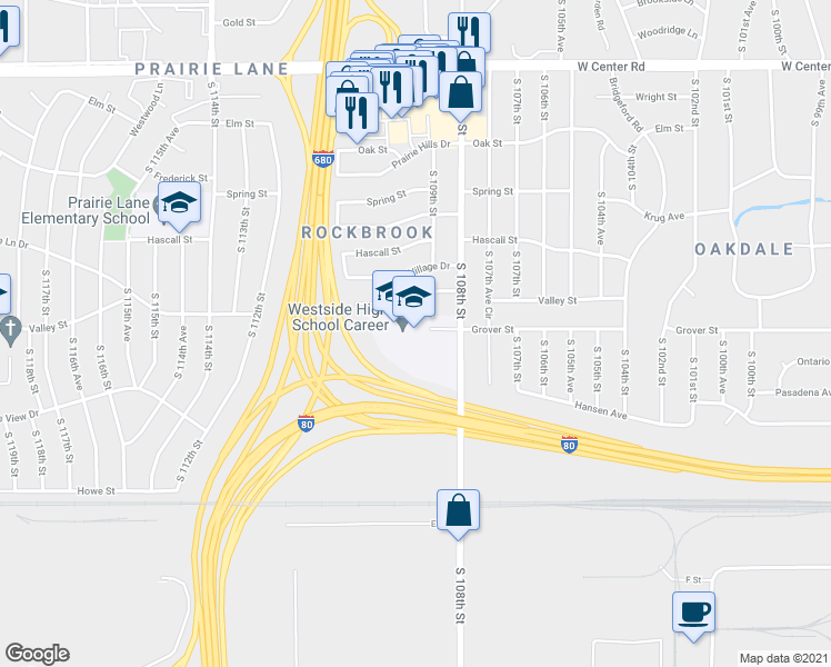 map of restaurants, bars, coffee shops, grocery stores, and more near 3534 South 108th Street in Omaha