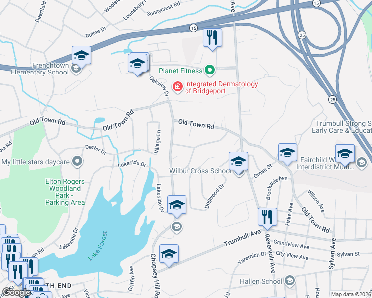 map of restaurants, bars, coffee shops, grocery stores, and more near 234 Red Oak Road in Bridgeport